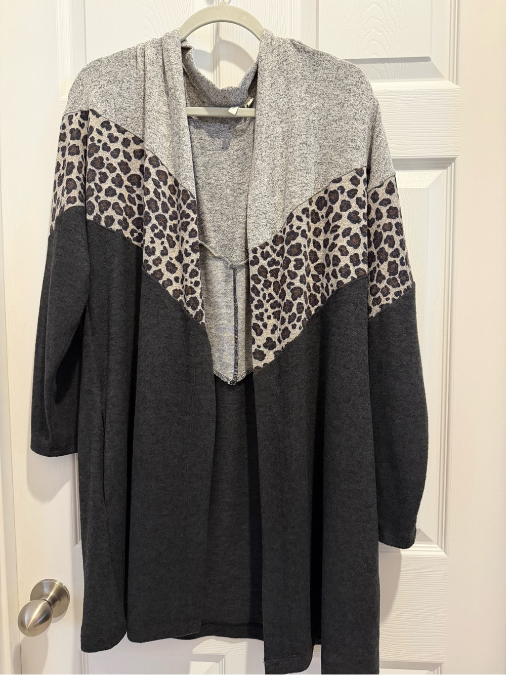 Cato Gray & Charcoal Leopard-Trim Open Cardigan